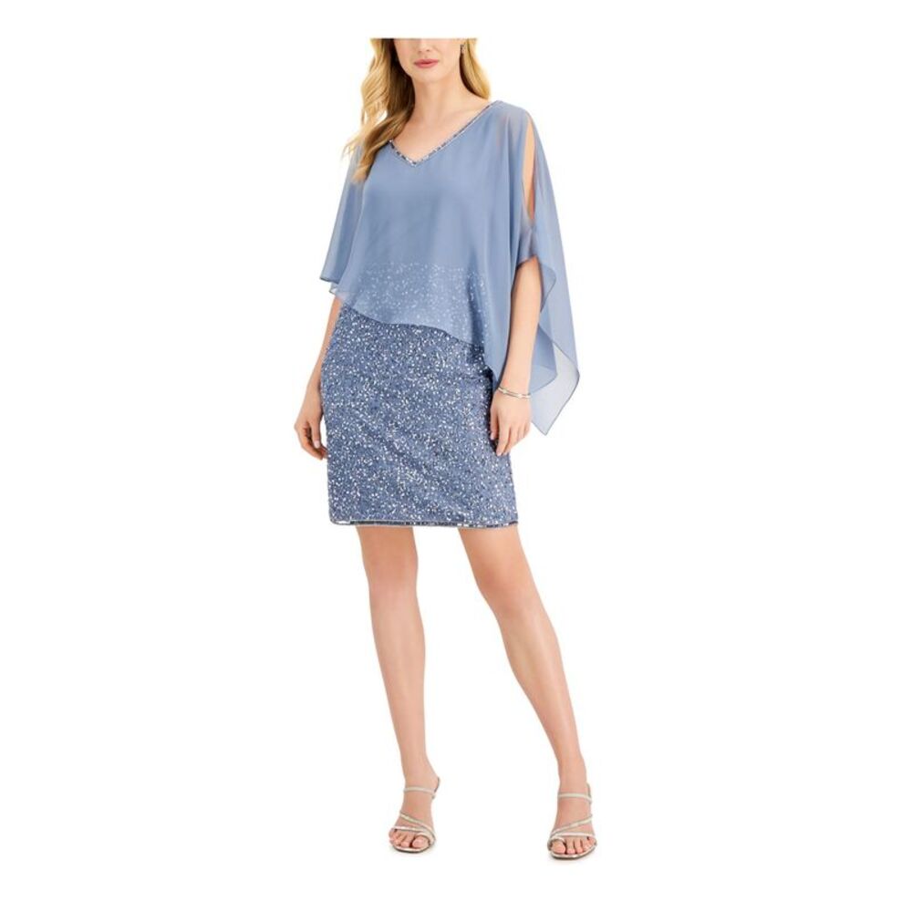 JKARA Womens Light Blue Asymmetrical Cape Overlay Flutter Sleeve Sheath Dress 10